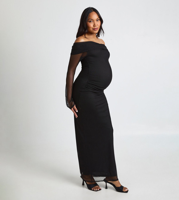 Maternity Bardot Ruched Mesh Sleeves Maxi Dress