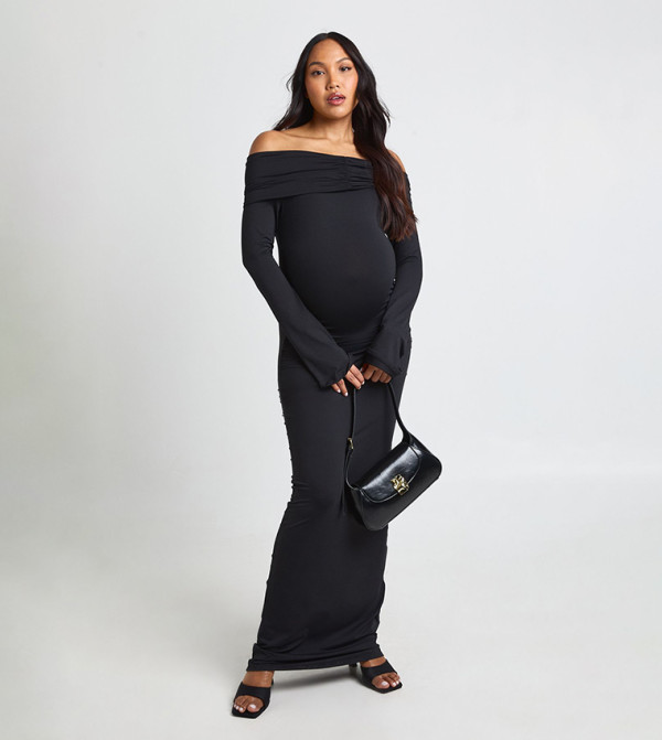 Maternity Bardot Ruched Flare Sleeves Maxi Dress
