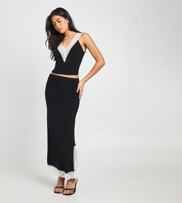 Contrast Lace Trim Split Hem Midi Skirt