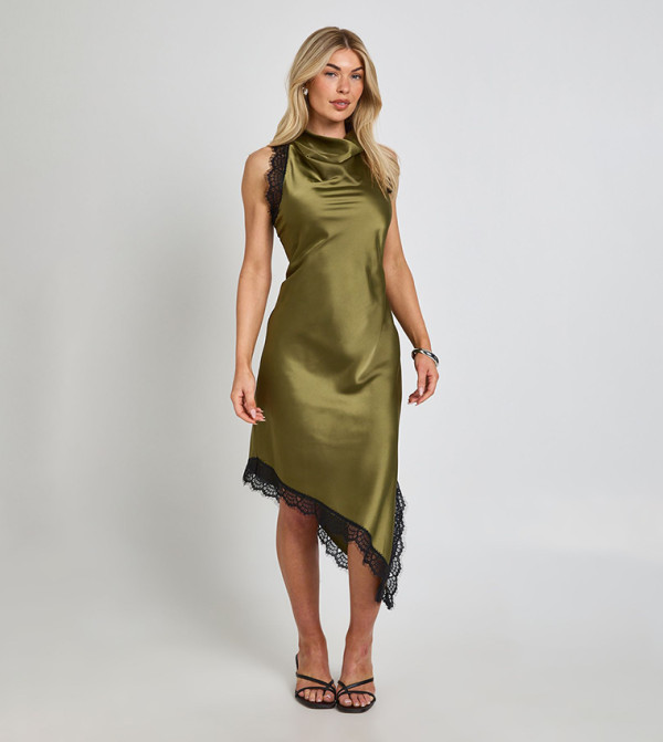 Textured Satin & Lace Trim Midi Dress