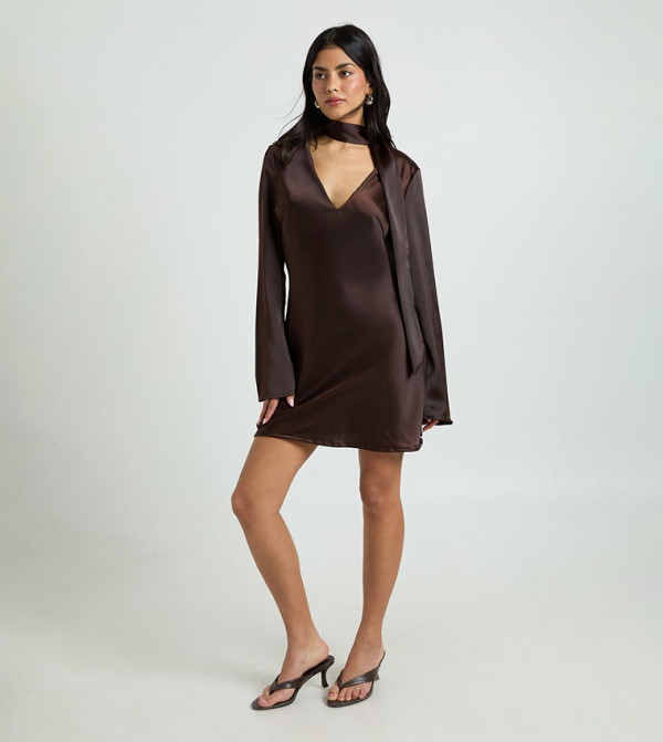 Textured Satin Scarf Detail Shift Mini Dress