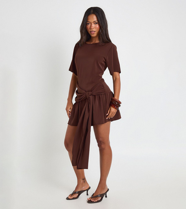 Tie Waist Drop Hem Woven Mini Dress