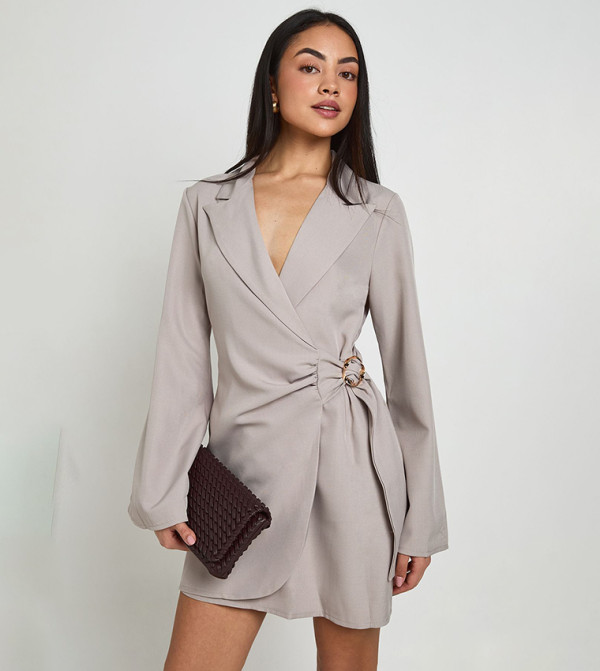 Linen Look Gold Trim Tie Side Mini Blazer Dress