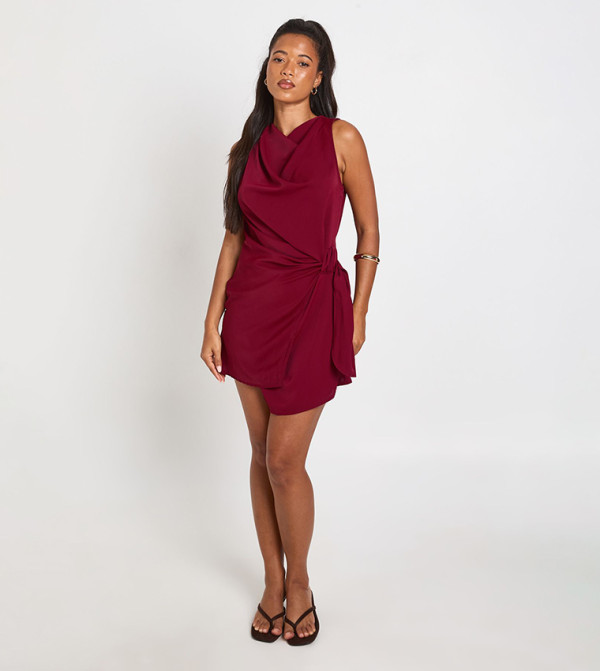 Cowl Neck Drape Side Woven Mini Dress