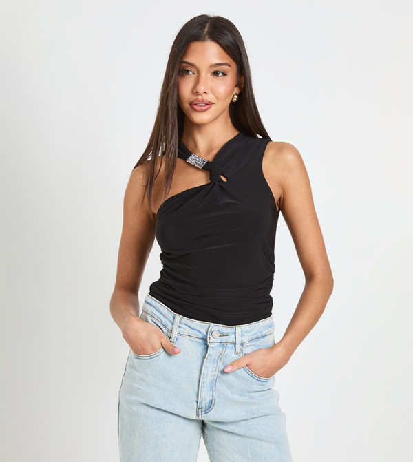 Twist Neck Tim Ruched Waist Slinky Top