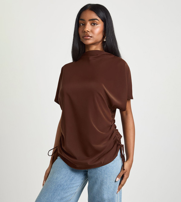 Loose Ruched Side High Neck Top