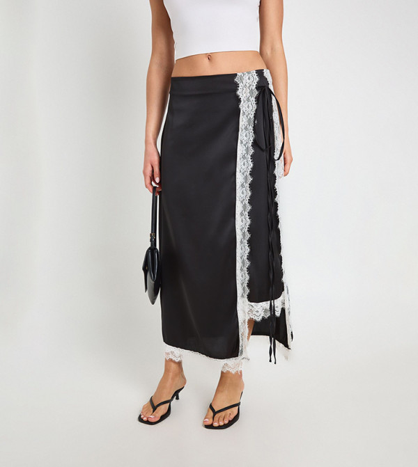 Satin Lace Trim Wrap Midaxi Skirt