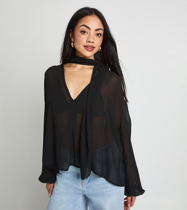 Chiffon Scarf Long Sleeves Top