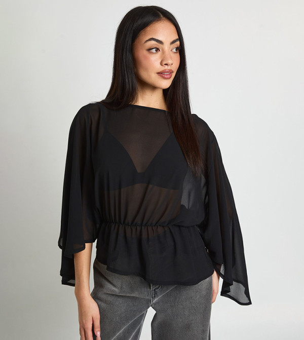 Chiffon Boat Neck Cape Detail Peplum Top