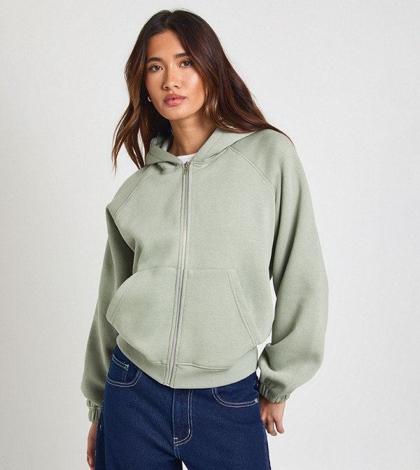 Raglan Seam Boxy Fit Zip-Through Hooded Jacket