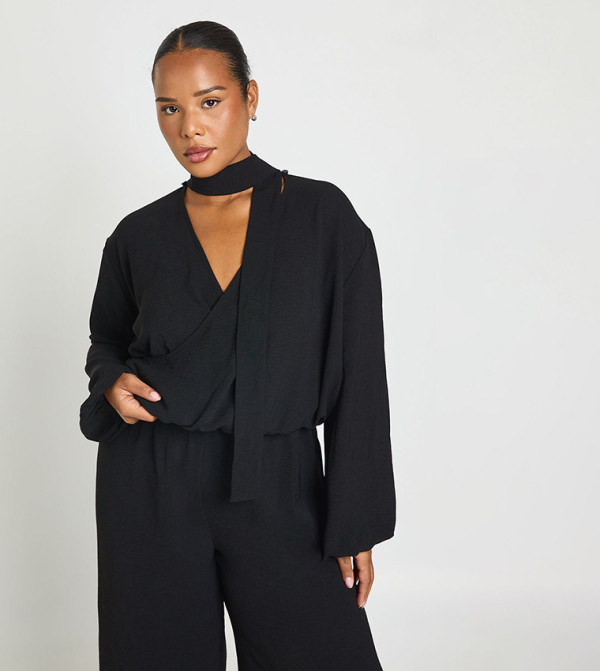 Curve Tight Scarf Detail Wrap Balloon Sleeves Top