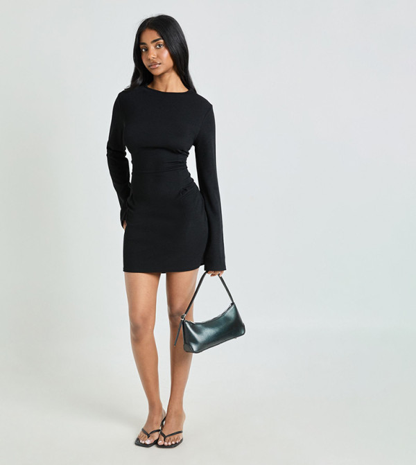 Ribbed Cinched Waist Long Sleeves Mini Dress
