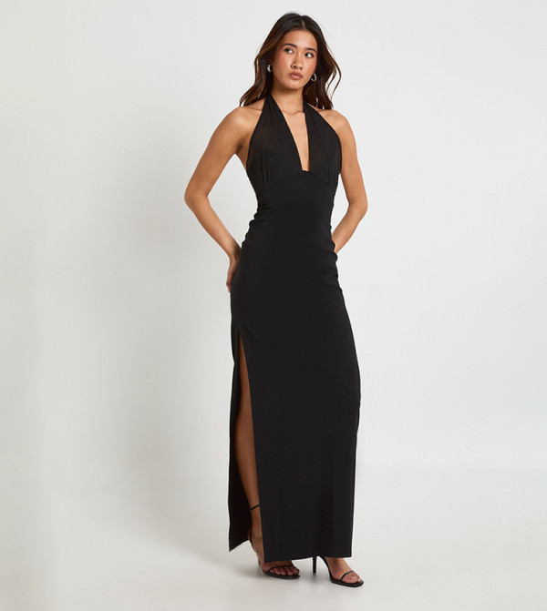 Bengaline Maxi Dress with Mesh Halterneck