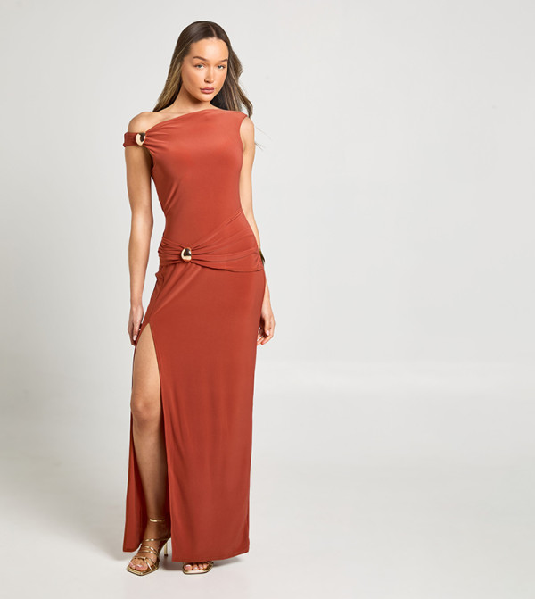 Slinky Gold Trim Detail Asym Neck Maxi Dress