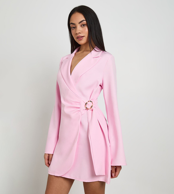 Buckle Detail Tie Waist Tailored Mini Blazer Dress