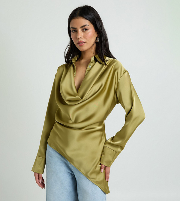 Solid Satin Cowl Neck Shirt
