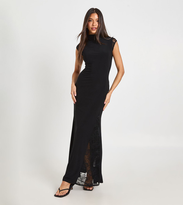 Lace Inserts Slinky Grown On Neck Maxi Dress