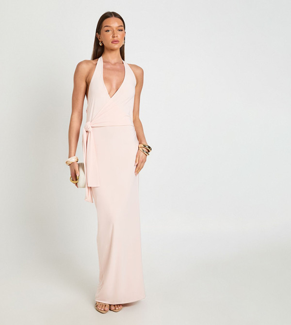 Slinky Halterneck Tie Waist Maxi Dress