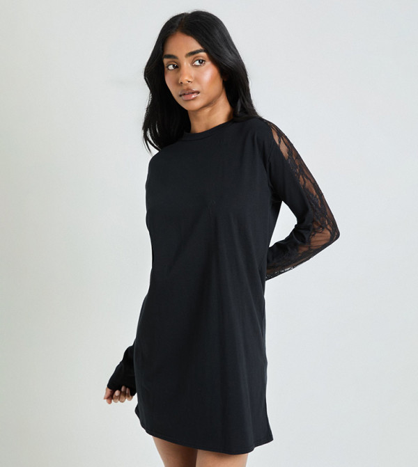 Lace Insert Long Sleeves Mini T-Shirt Dress