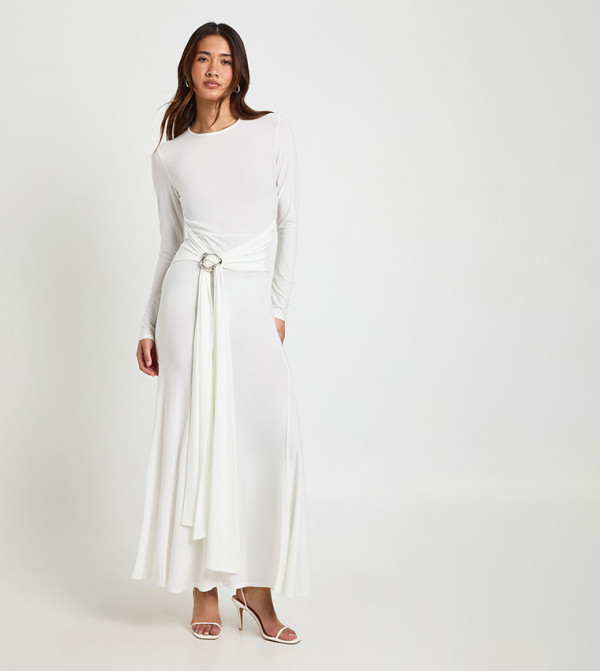 Slinky Long Sleeves O Ring Tie Waist Maxi Dress