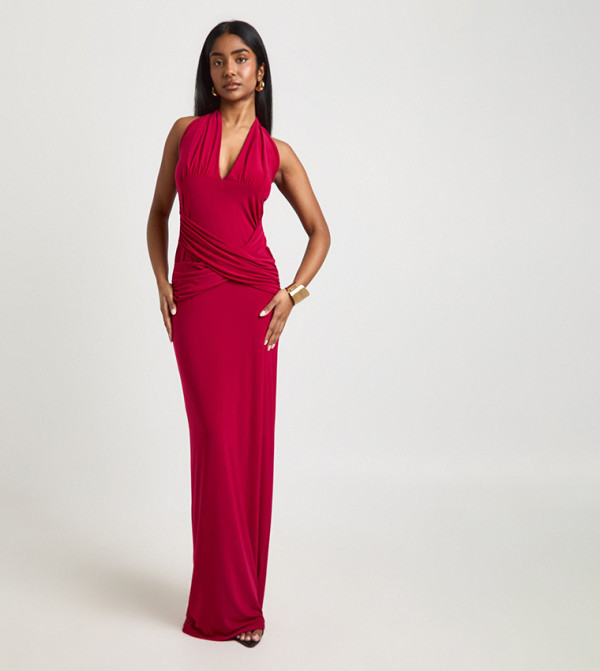 Slinky Halterneck Wrap Waist Maxi Dress