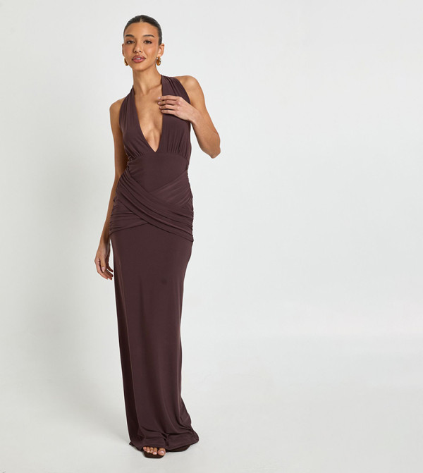 Slinky Plunge Halterneck Wrap Waist Maxi Dress