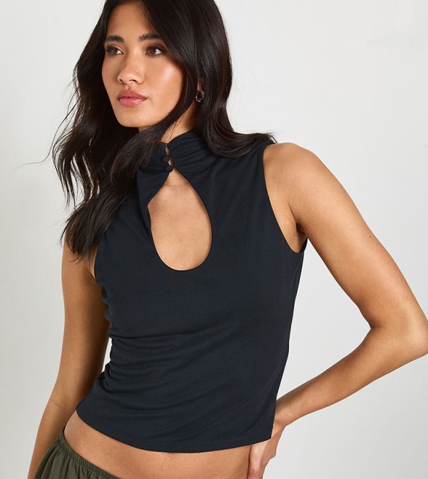 Cupro Key Hole Button Detail Sleeveless Top