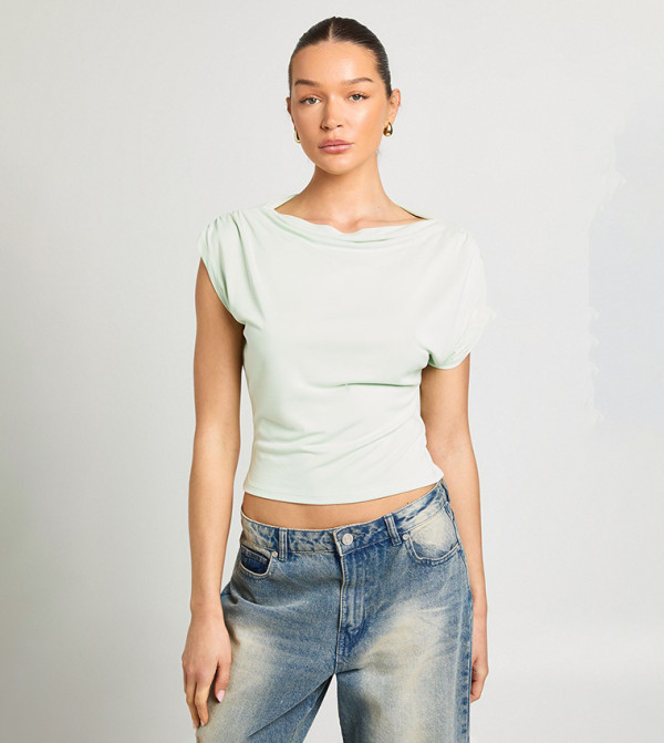 Cupro Ruched Asymmetric Sleeves Drape Top