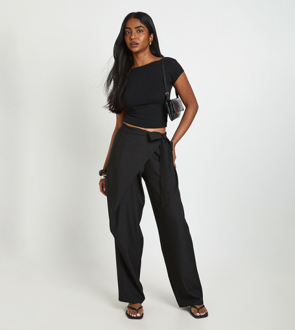 Drape Tie Detail Tailored Wide Leg Trousers