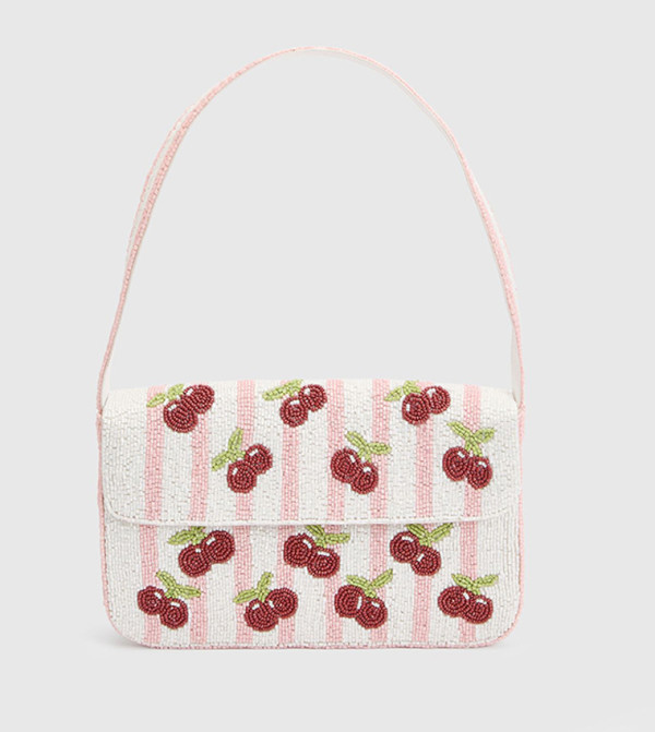 Striped Cherry Detail Beaded Shoulder Bag