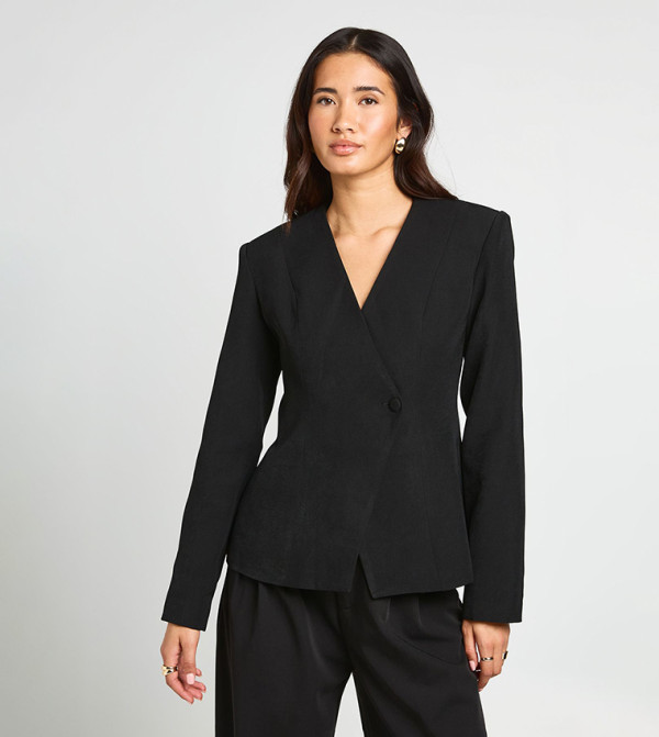 Collarless V-Neck Wrap Blazer