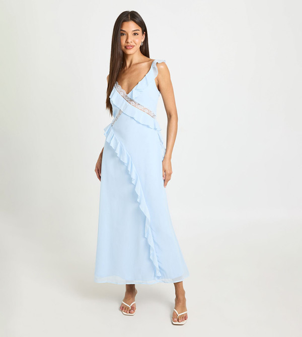 Chiffon Lace Detail Ruffled Maxi Dress
