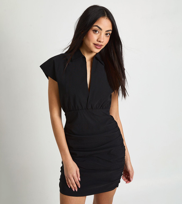 V-Neck Ruched Mini Dress