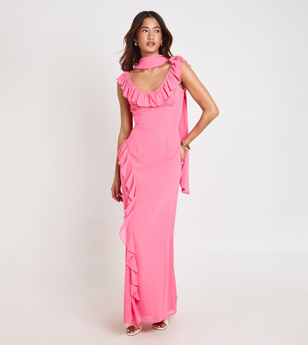 Ruffle Detail Maxi Dress with Scarf