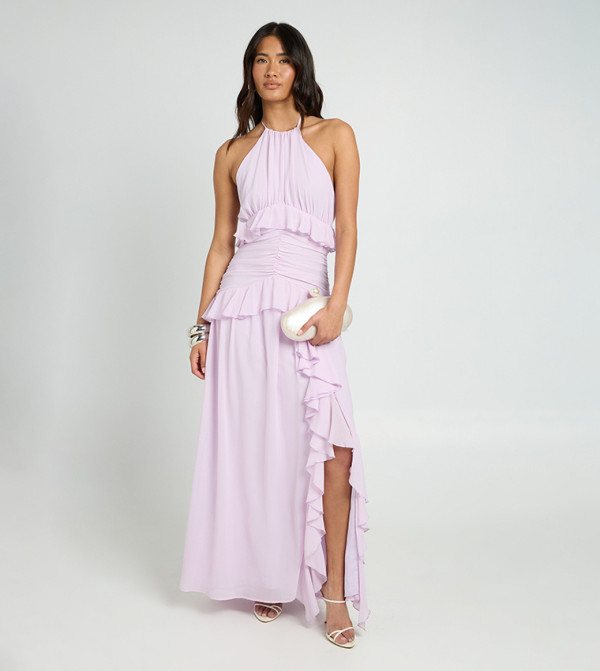 Halterneck Chiffon Ruffle Detail Maxi Dress