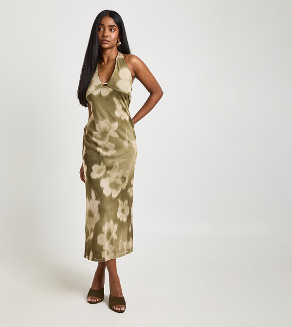 Floral Printed Mesh Plunge Front Beaded Midaxi Dress