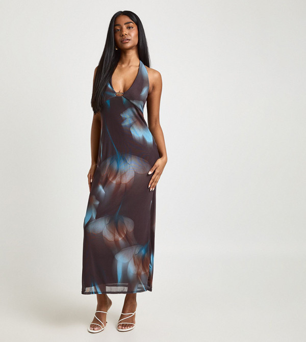 Floral Printed Mesh Plunge Front Beaded Midaxi Dress