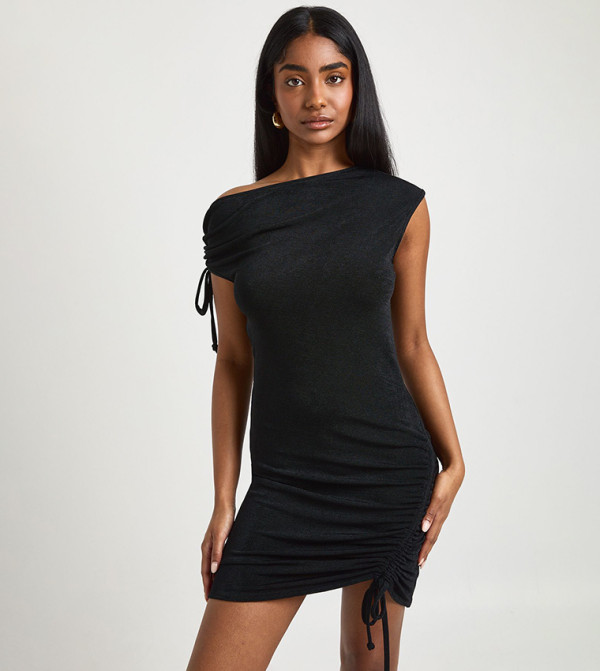 Acetate Slinky Asym Shoulder Ruched Detail Mini Dress