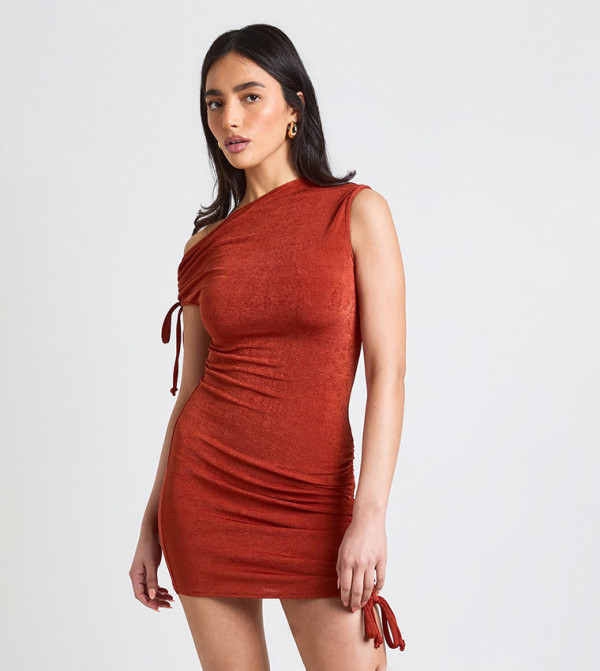 Acetate Slinky Asym Shoulder Ruched Detail Mini Dress