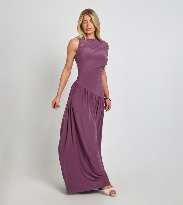 Slinky Asym Neck Ruched Detail Maxi Dress