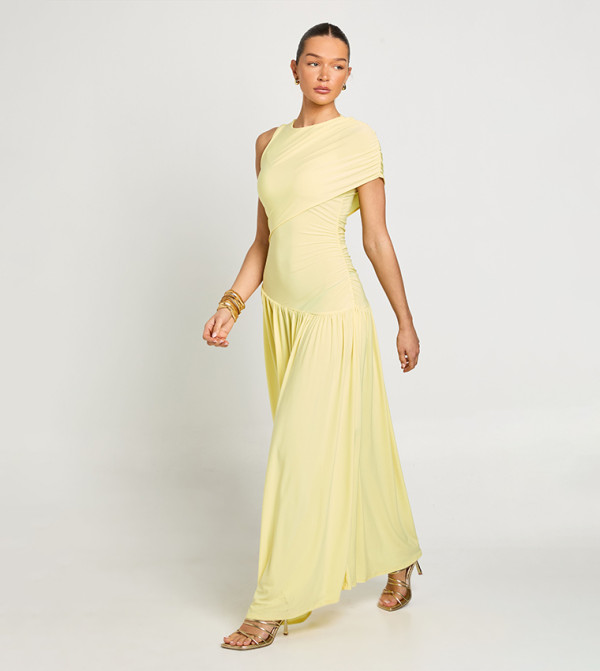 Slinky Asym Neck Ruched Detail Maxi Dress