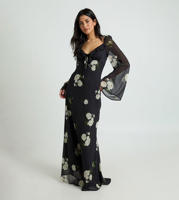 Floral Chiffon Ruffle Maxi Dress