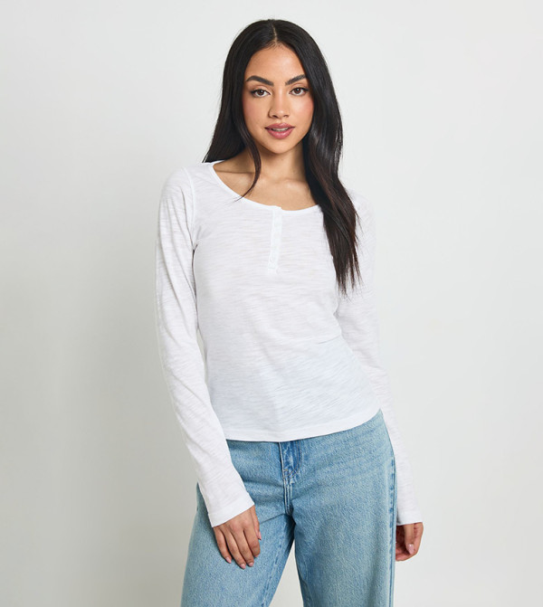 Sheer Slub Henley Long Sleeves Top