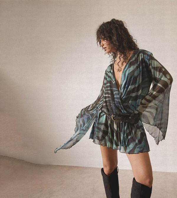 Blurred Animal Print Mesh Bell Sleeves Mini Dress