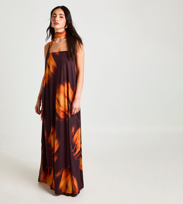 Floral Printed Trapeze Scarf Detail Maxi Dress