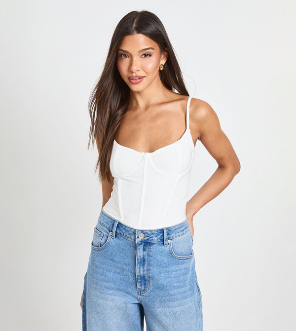 Double Layer Slinky Boned Corset Strappy Bodysuit Top