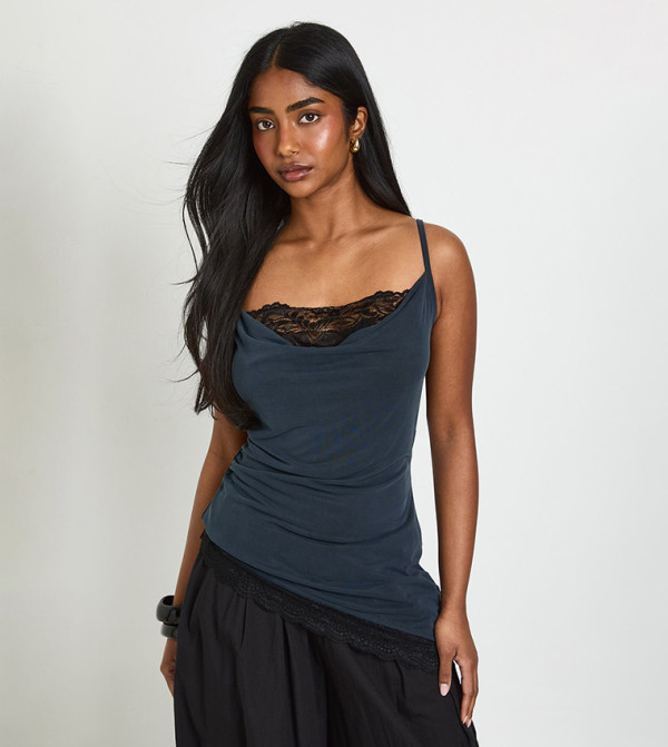 Cupro Lace Trim Asymmetric Top