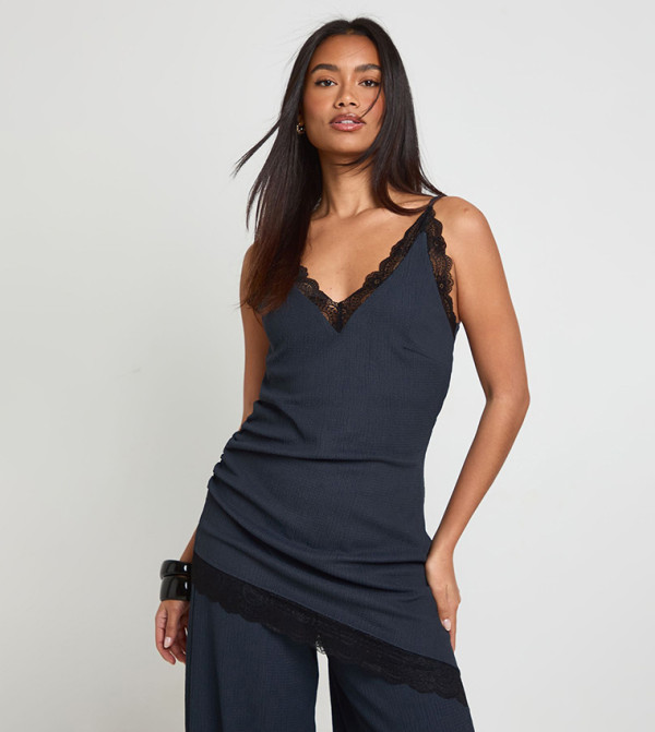 Crinkle Lace Trim Long Line Asymetric Cami Top