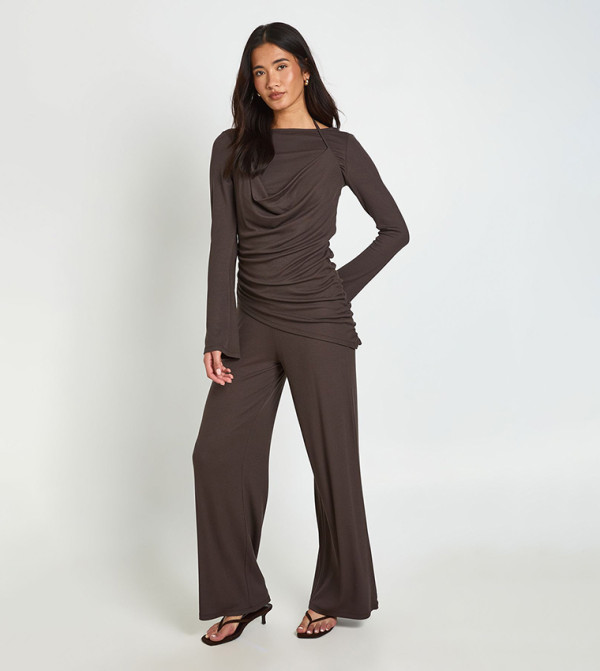 Rib Double Layer Long Sleeves Asymmetric Top