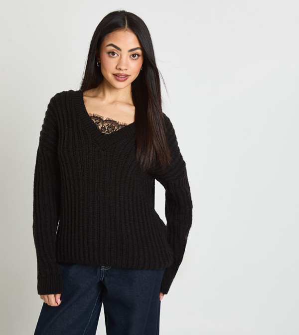 Lace Insert V-Neck Ribbed Jumper